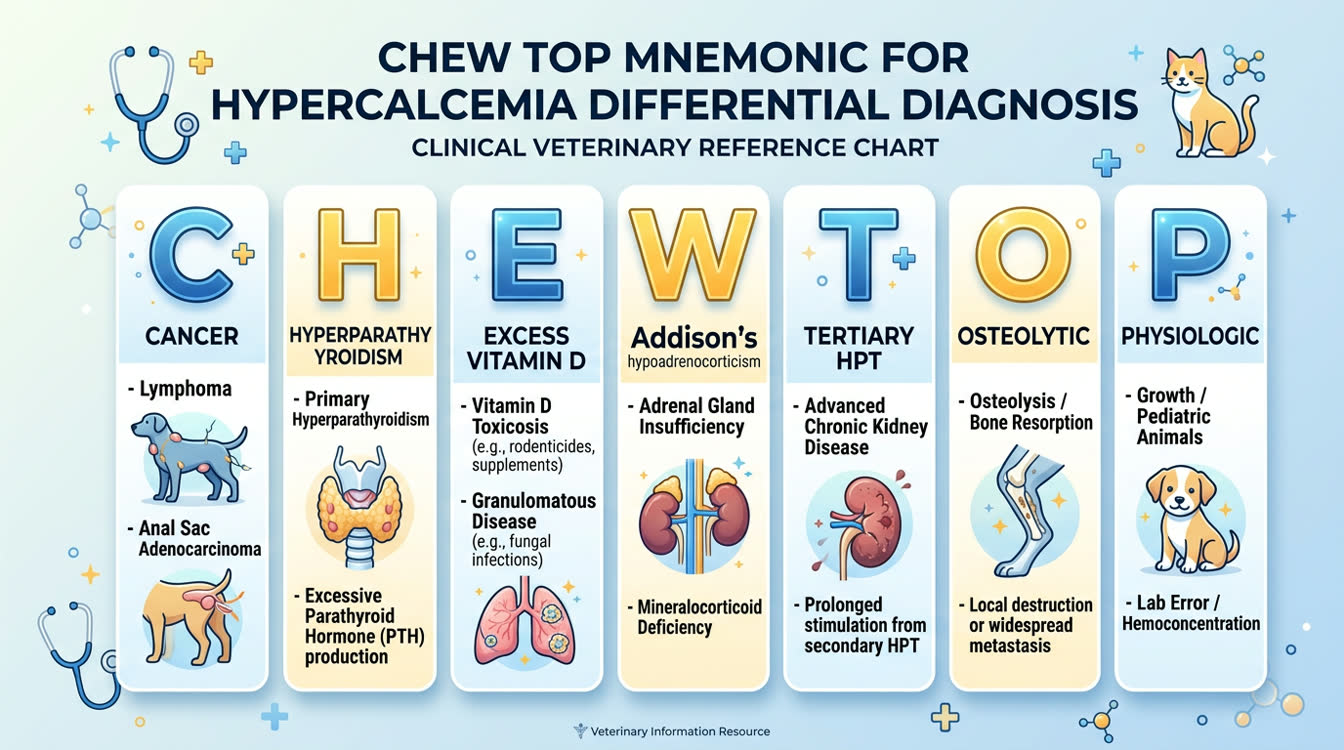 CHEW TOP mnemonic infographic showing differential diagnosis of hypercalcemia in dogs and cats
