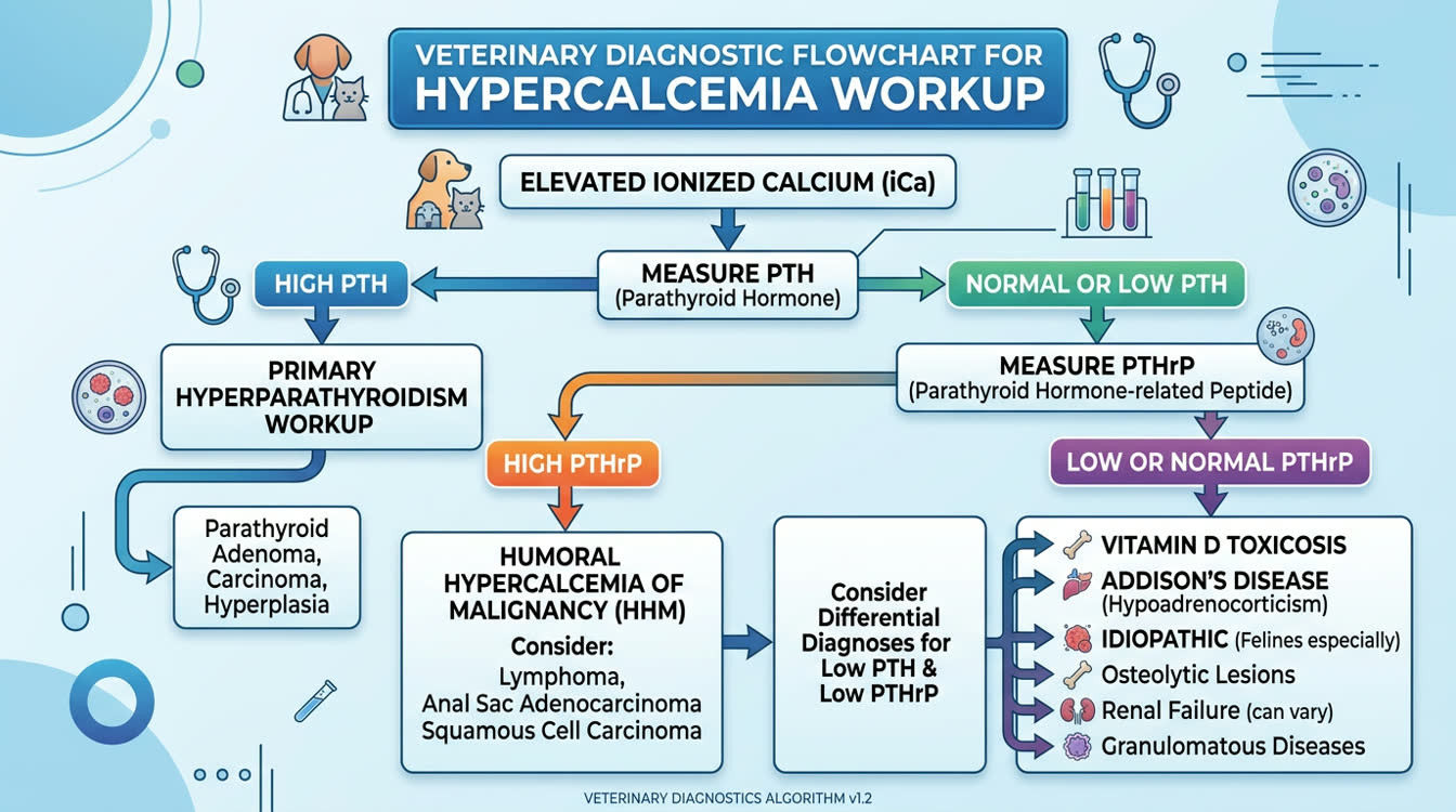 Veterinary diagnostic algorithm for hypercalcemia workup with PTH and PTHrP interpretation