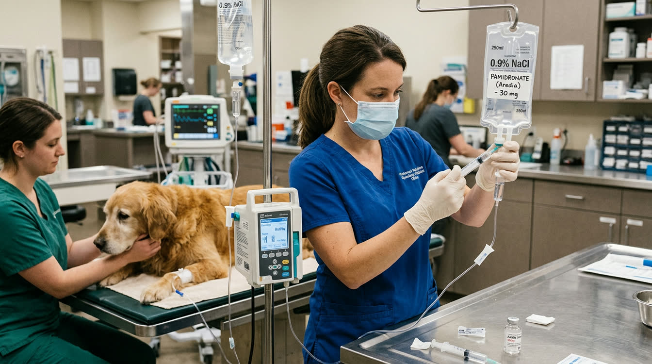 Pamidronate IV infusion setup for treatment of hypercalcemia of malignancy in a dog