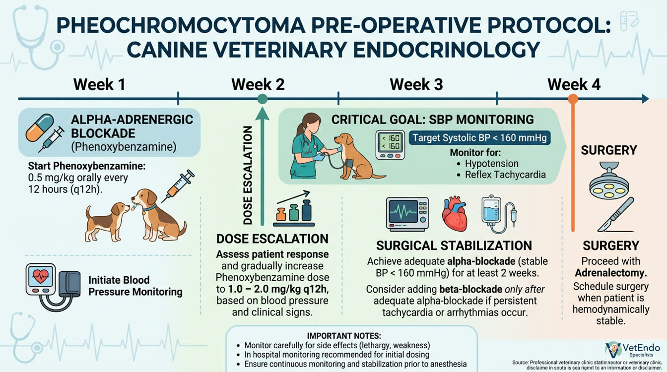 Phenoxybenzamine pre-operative protocol timeline showing dose escalation before adrenalectomy