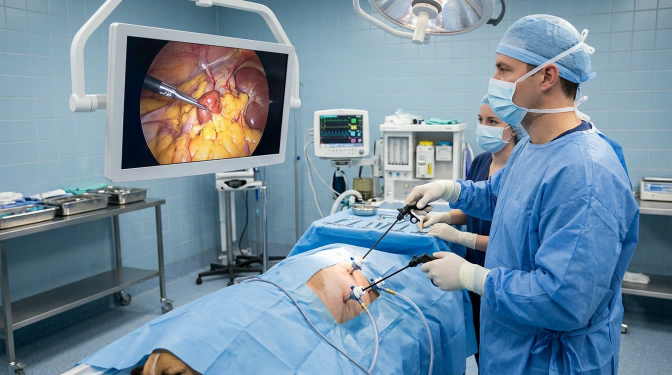Veterinary surgeon performing laparoscopic adrenalectomy for pheochromocytoma in a dog