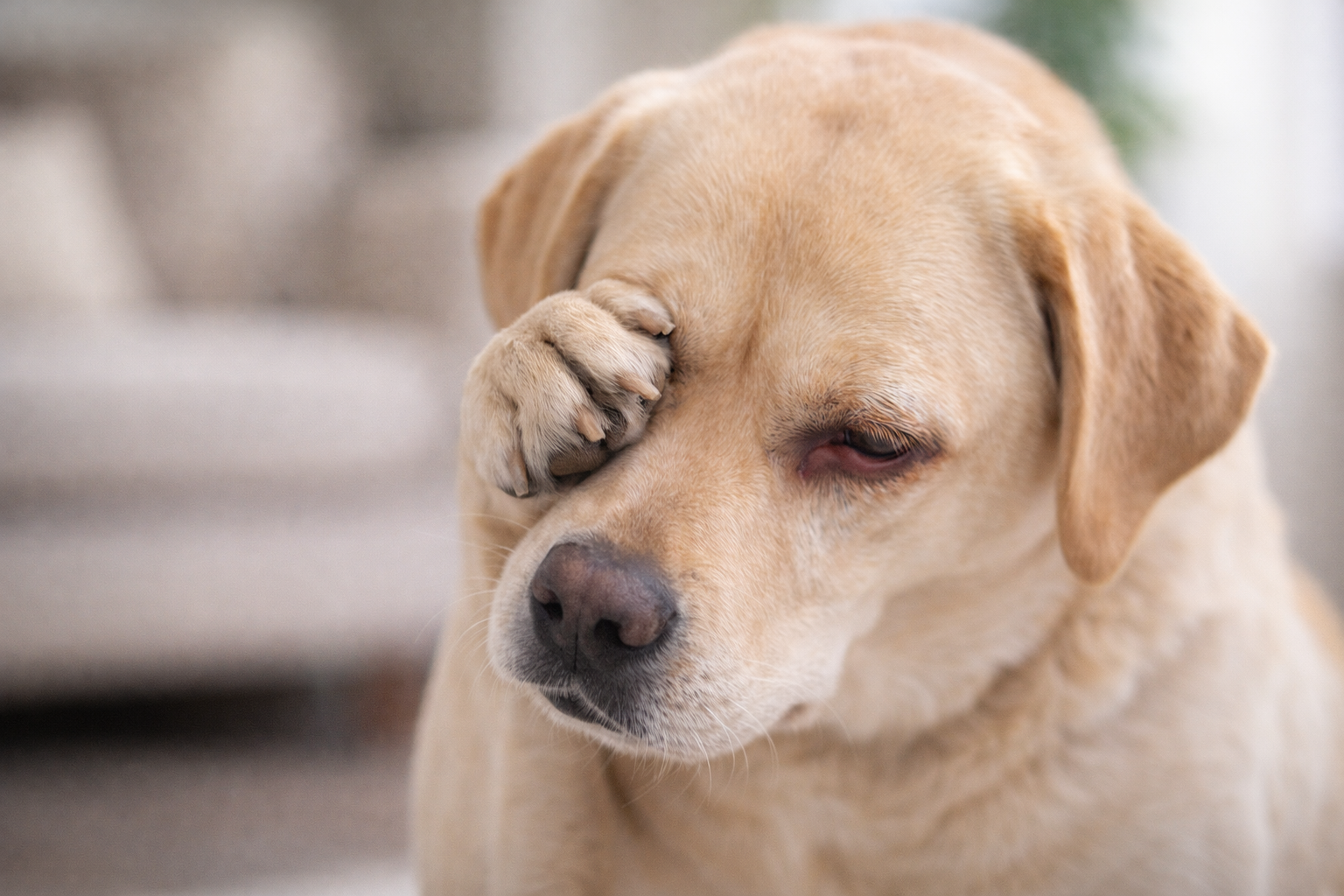 Dog rubbing eyes with paw showing signs of itchy allergic conjunctivitis