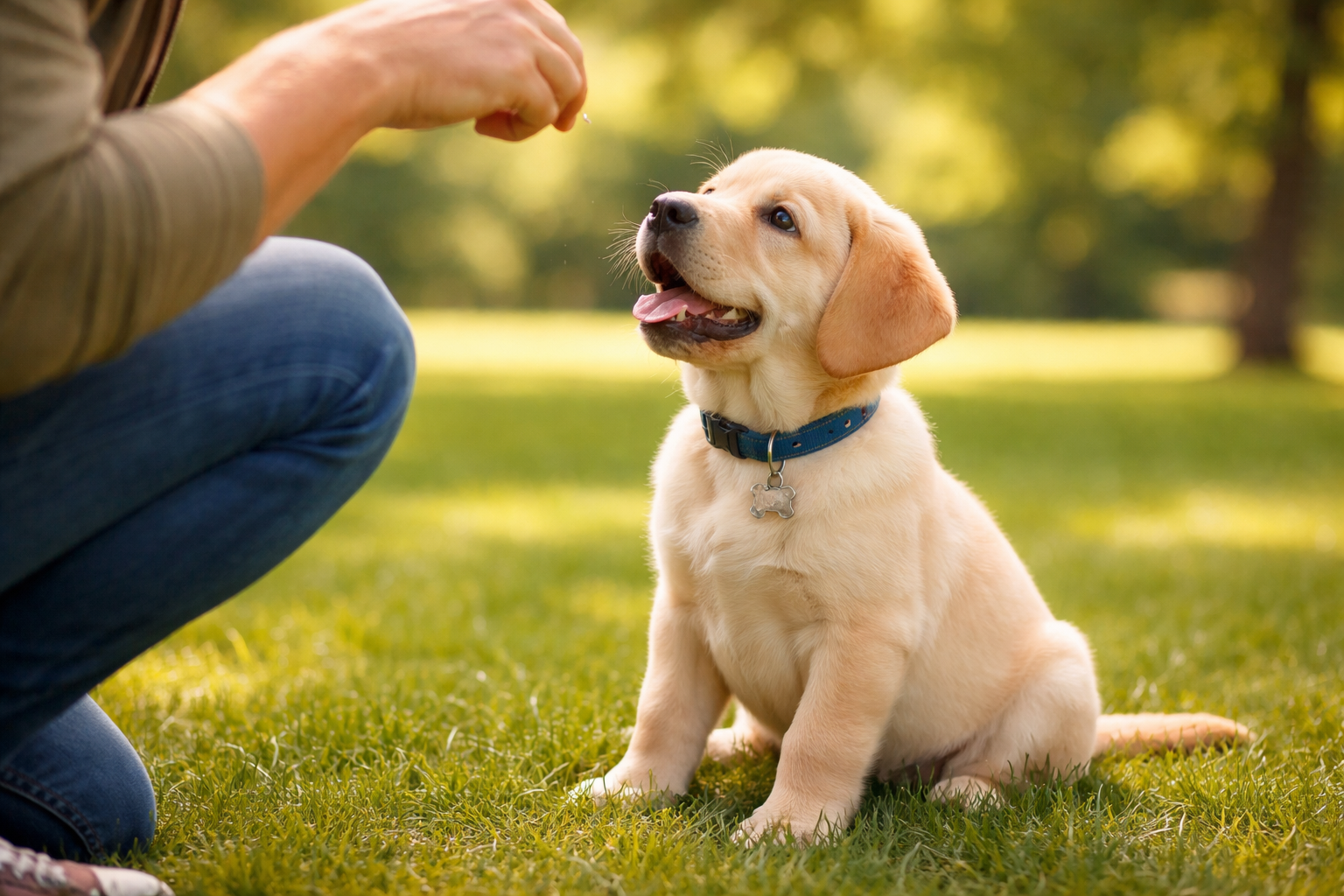 Owner training a single puppy separately for independent socialization