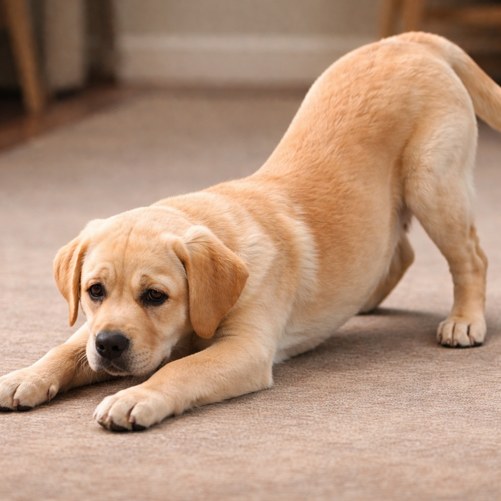 Dog in praying position indicating abdominal pain from pancreatitis
