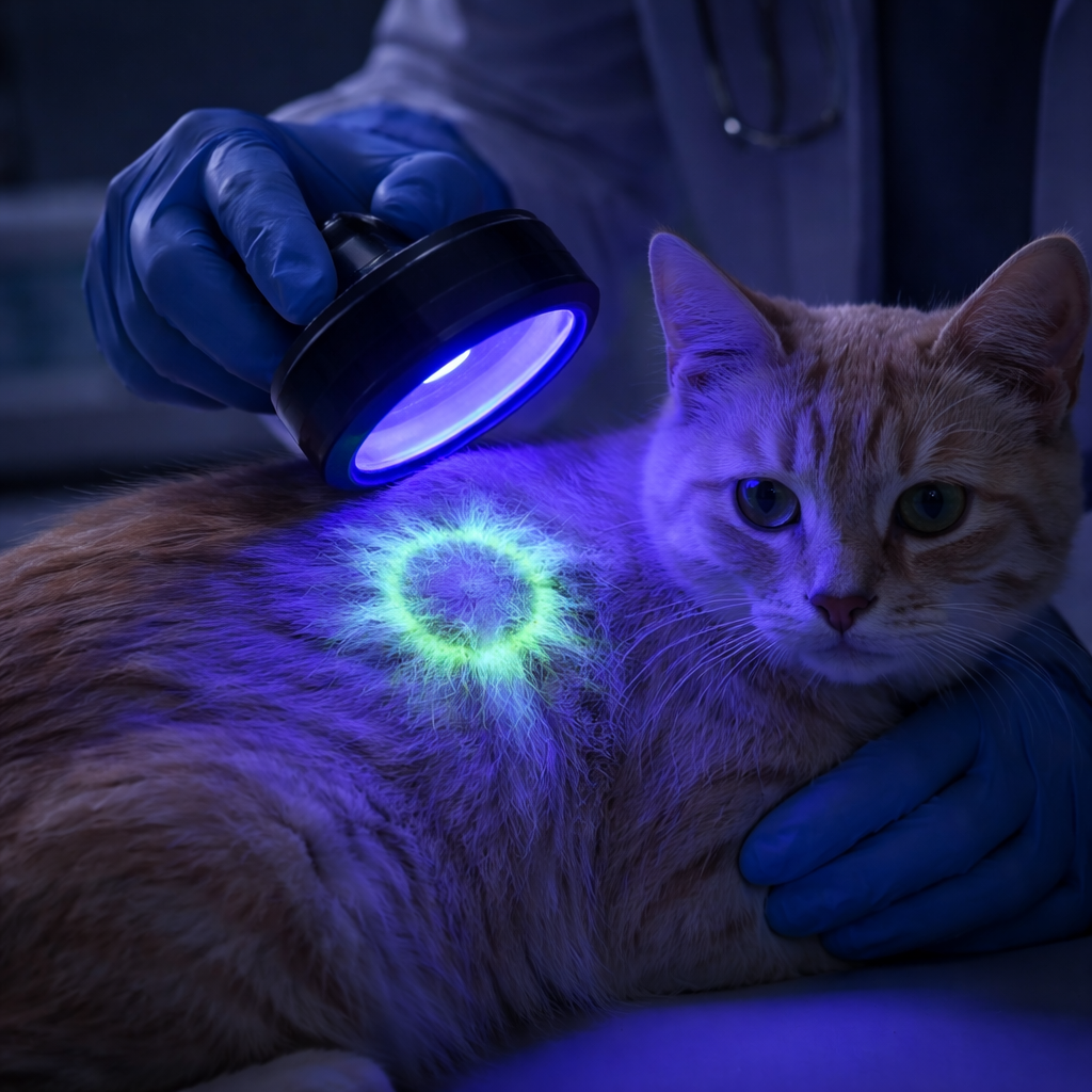 Wood's lamp examination showing fluorescent ringworm infection on cat