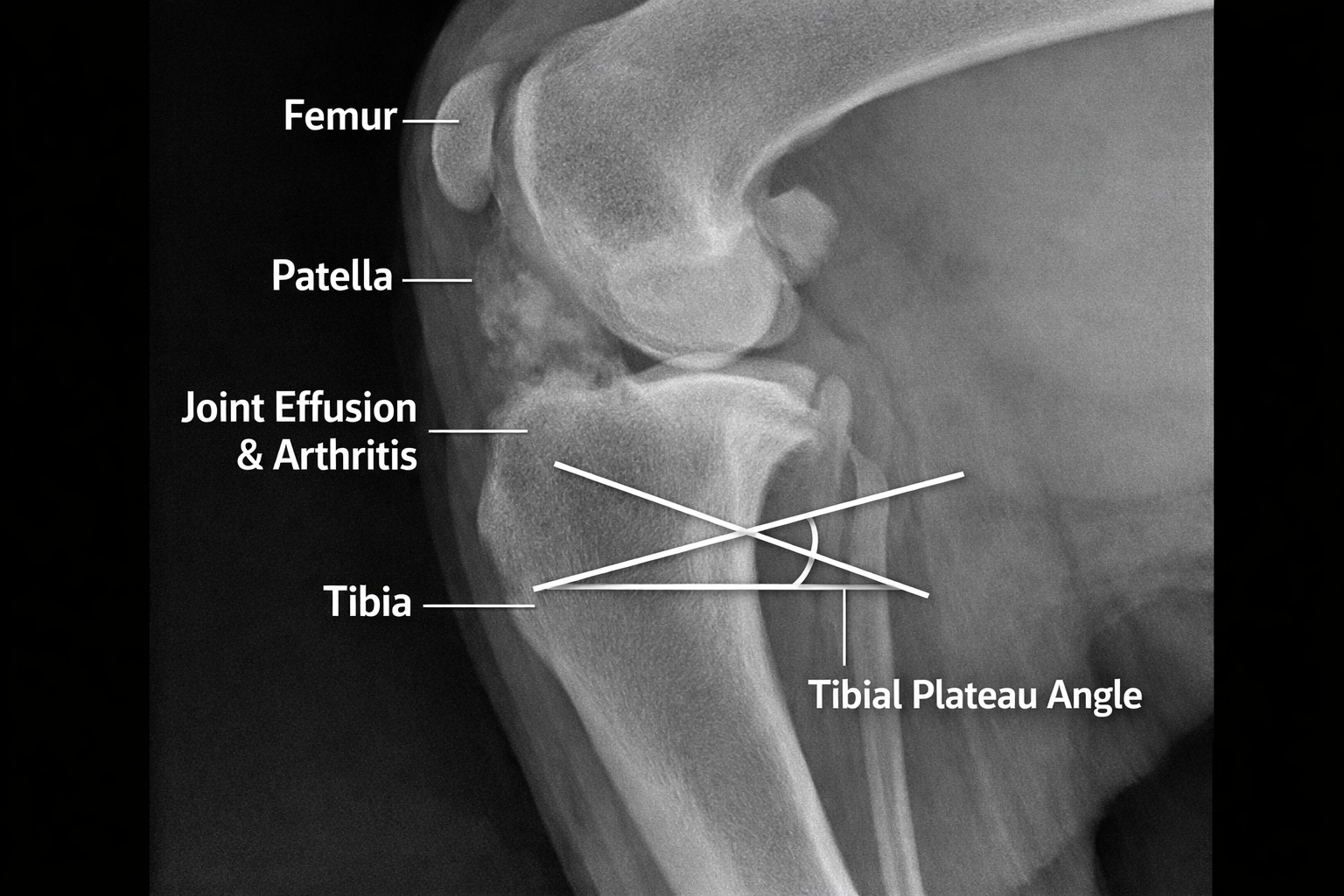 X-ray image showing dog knee with CCL rupture