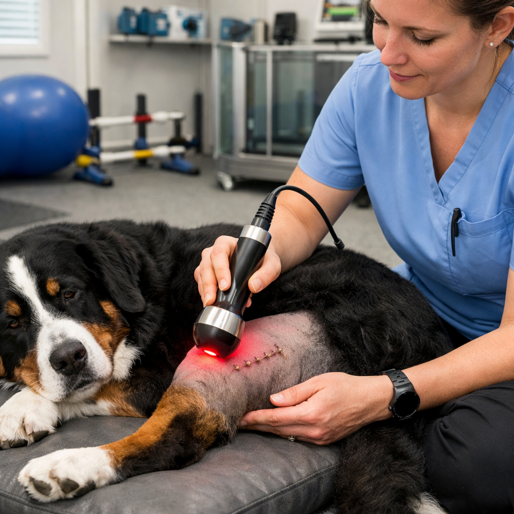 Dog receiving laser therapy during TPLO rehabilitation