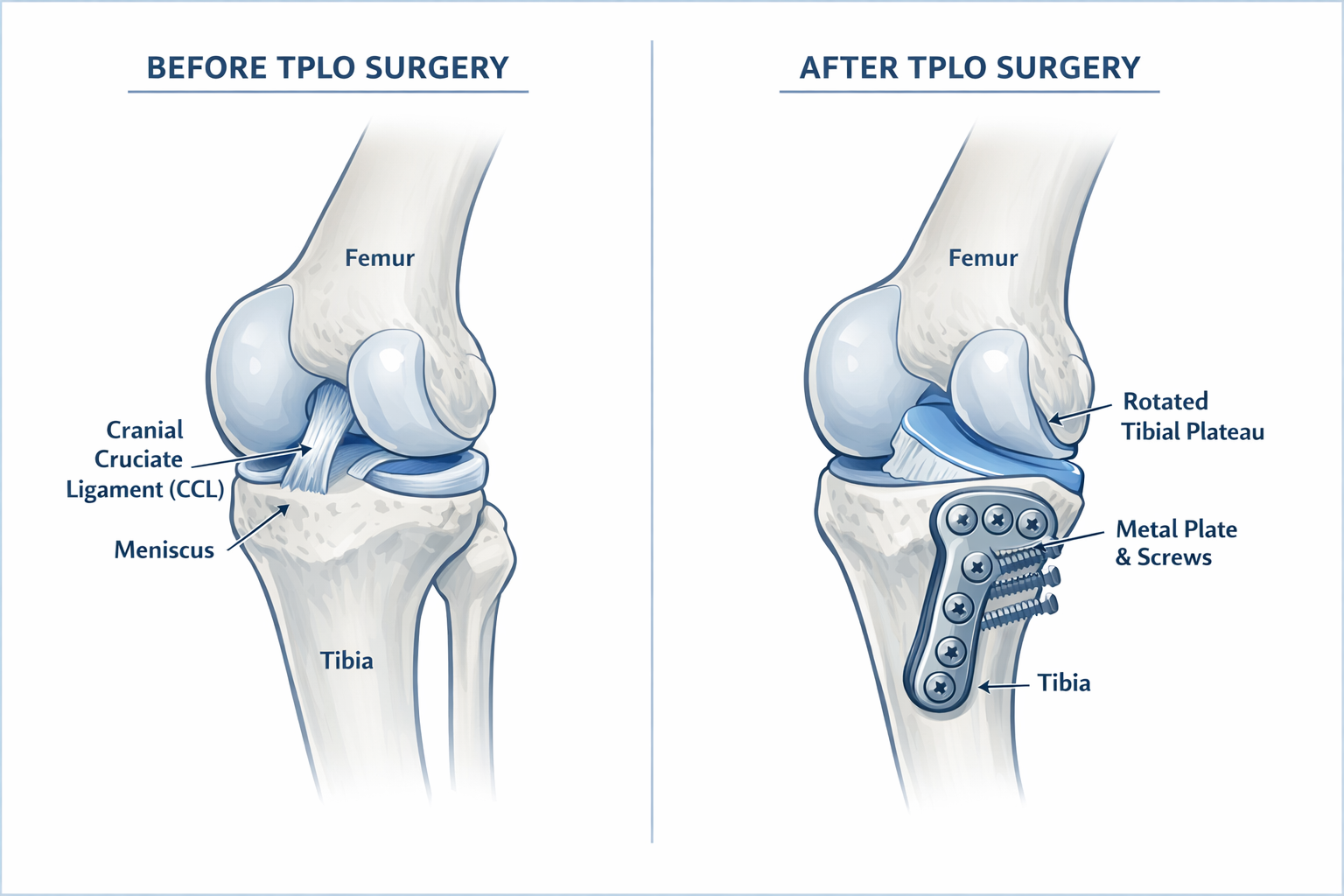 Anatomical diagram showing the dog knee joint and TPLO procedure