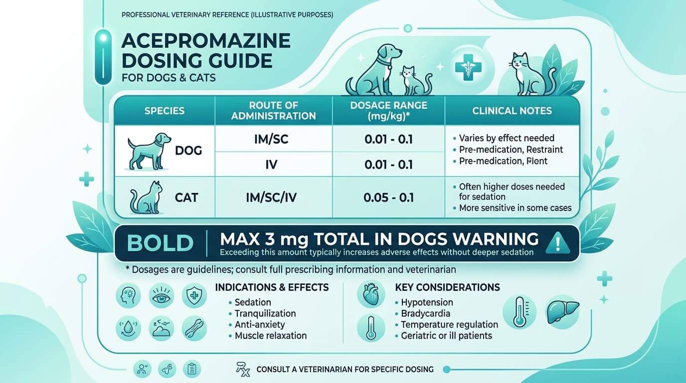 Acepromazine dosing reference chart with maximum dose limits for dogs and cats