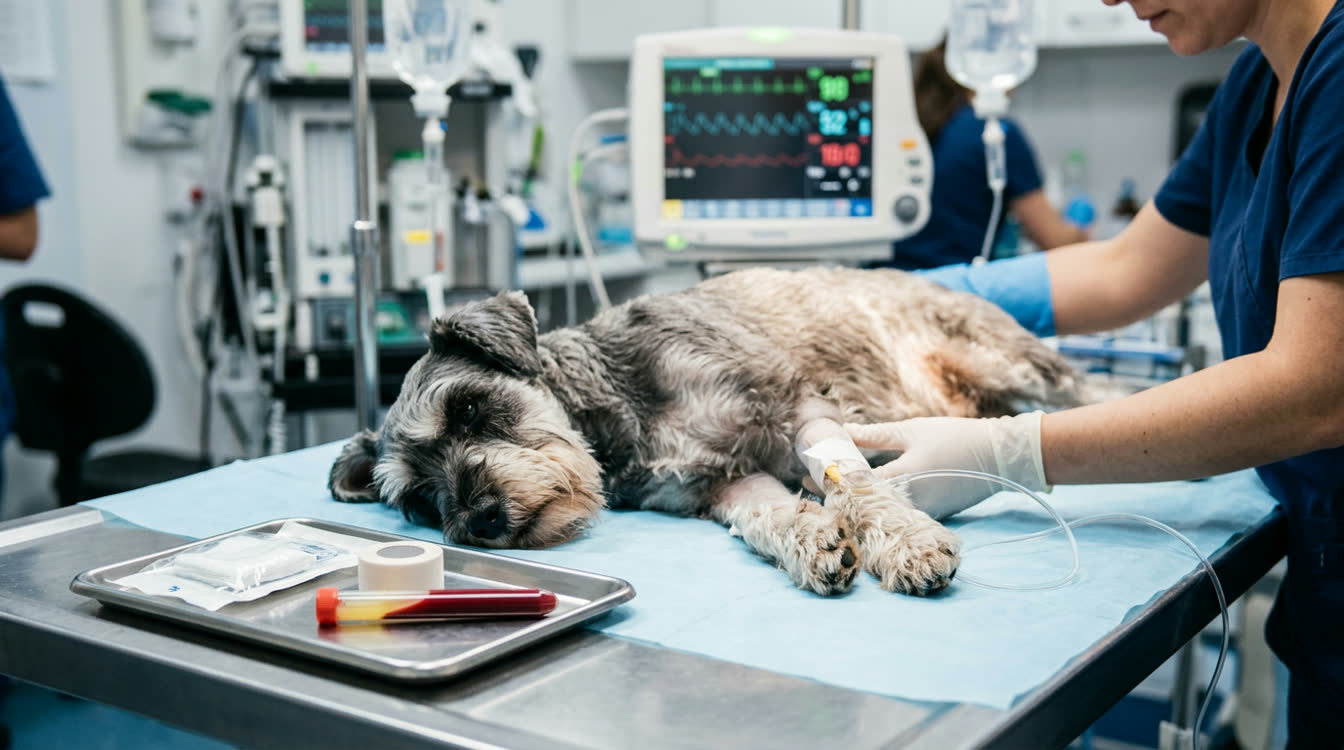 Small dog receiving IV fluid therapy with blood-tinged diarrhea evidence in emergency clinic