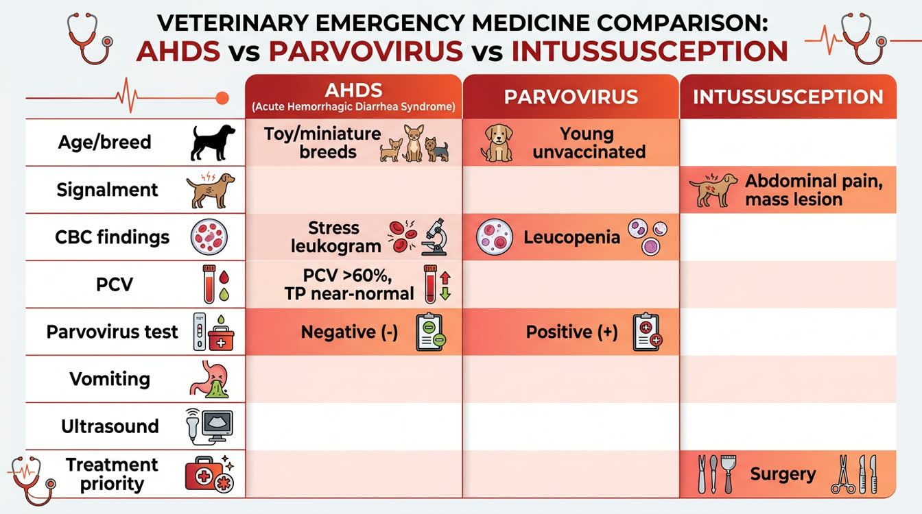 Differential diagnosis comparison table for AHDS vs parvovirus vs intussusception in dogs