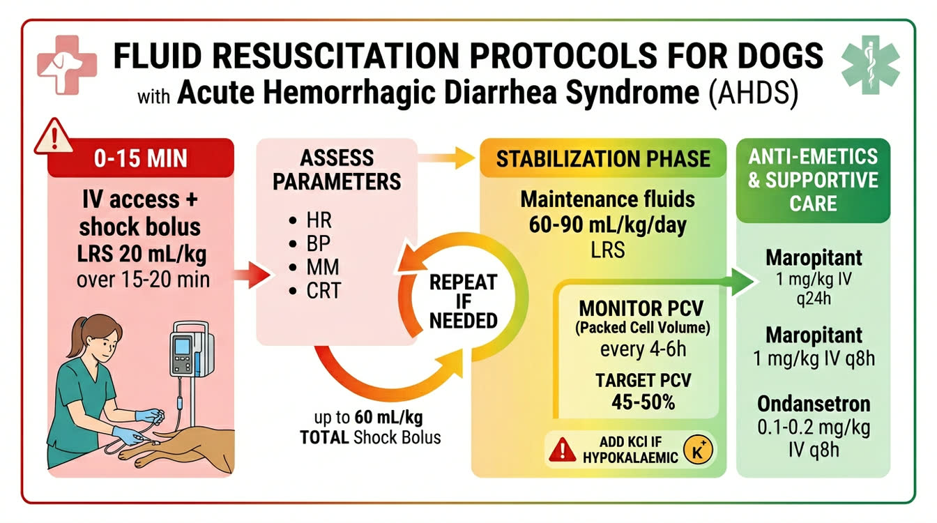 AHDS fluid therapy protocol showing shock bolus, maintenance rates, and PCV monitoring targets