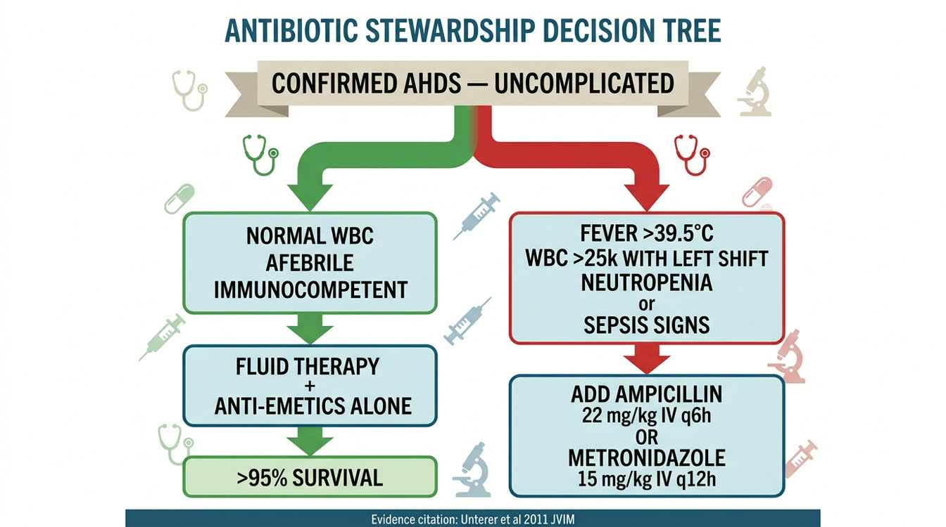 Antibiotic stewardship decision flowchart for AHDS in dogs showing when to treat and when not to