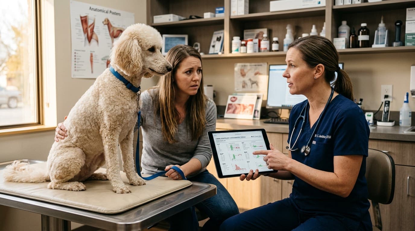 Veterinarian reviewing bloodwork results with a dog owner for Addison's disease diagnosis