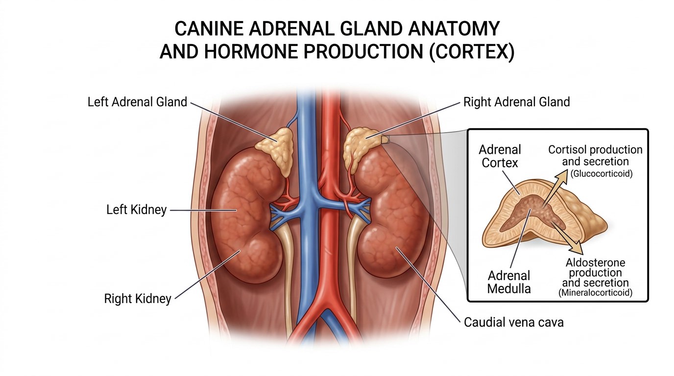 Anatomical diagram of adrenal gland location and hormone production