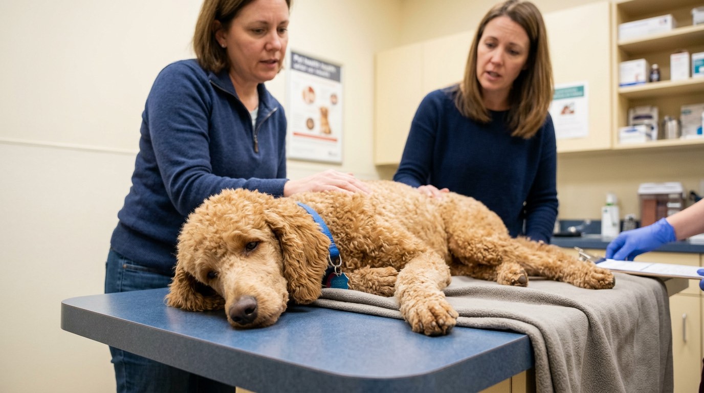 Lethargic dog lying flat unable to rise, showing signs of Addisonian weakness