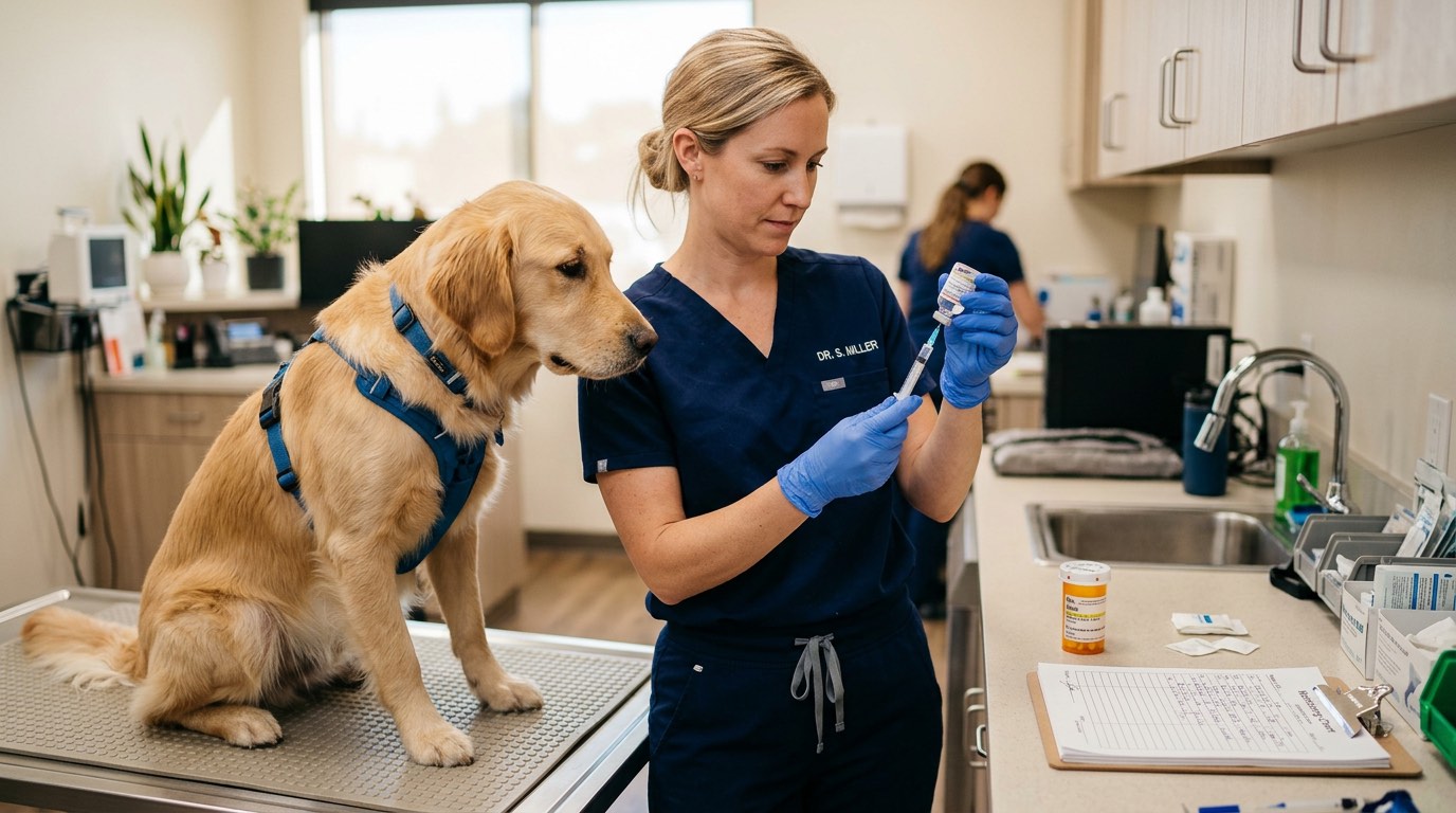 Veterinarian administering DOCP injection to a dog for Addison's disease management