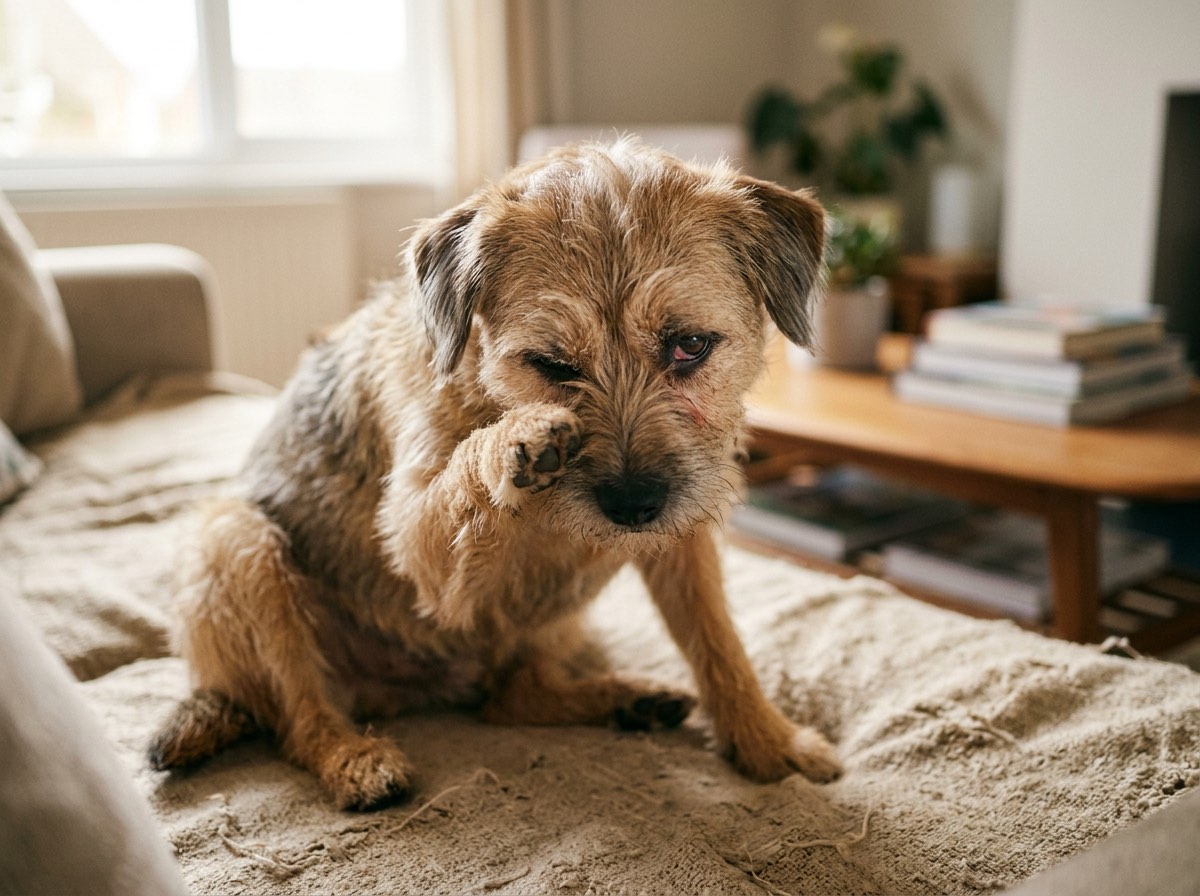 Dog rubbing eyes with paw showing signs of itchy allergic conjunctivitis