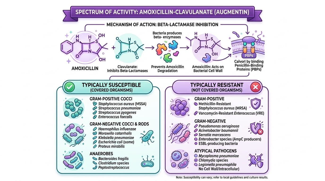 Amoxicillin-clavulanate spectrum of activity and beta-lactamase inhibition diagram