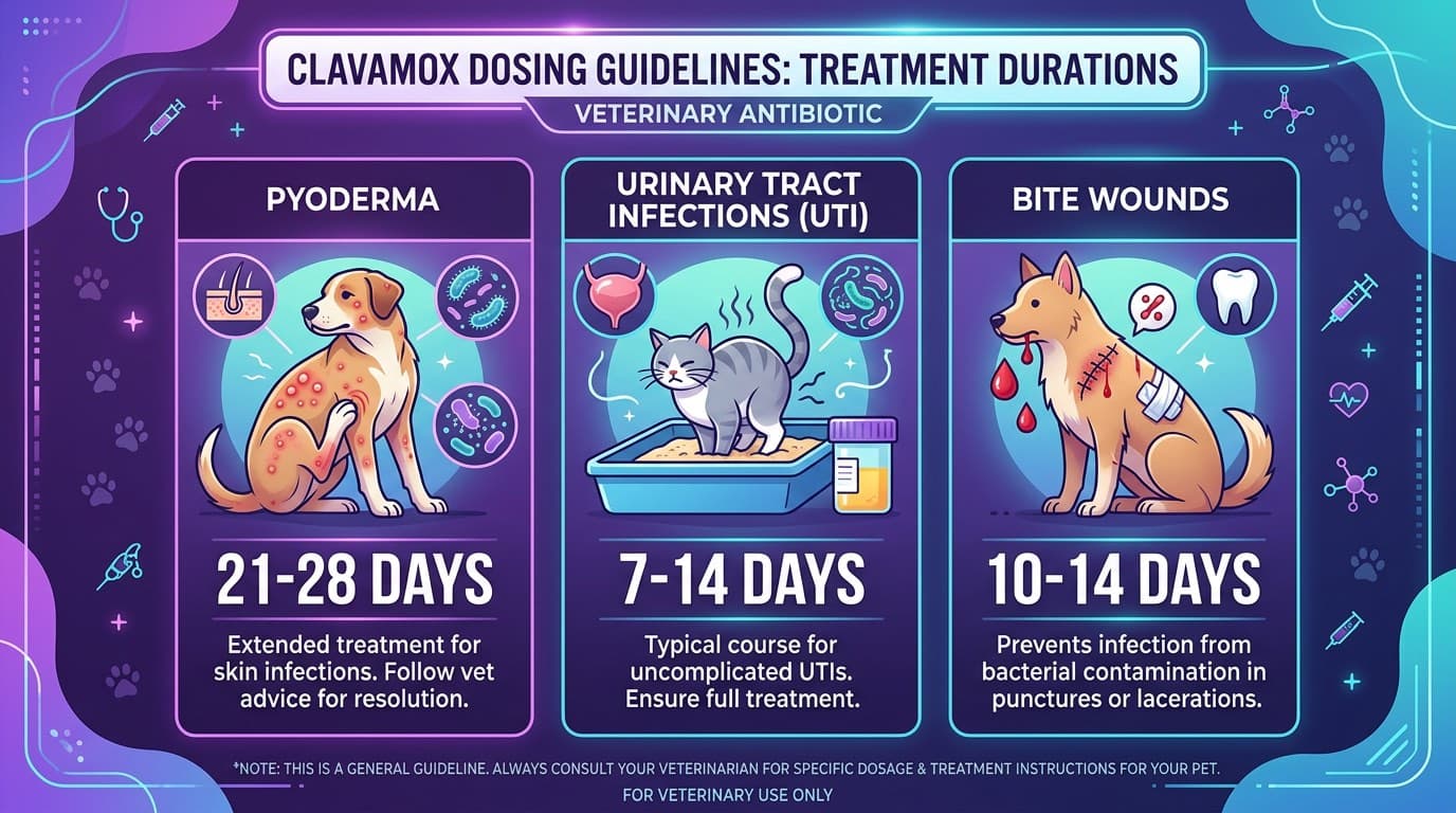 Amoxicillin-clavulanate dosing table for dogs and cats by indication