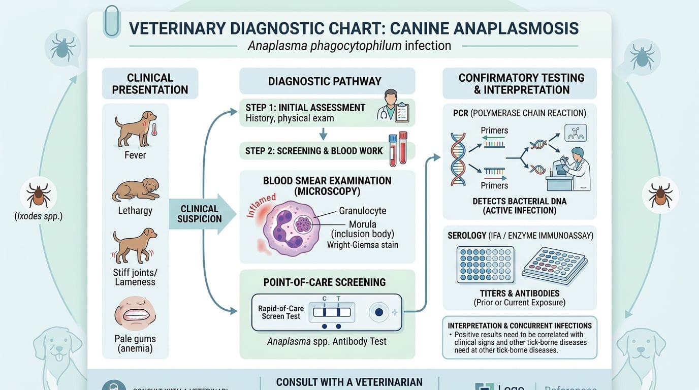Diagnostic algorithm for anaplasmosis: SNAP 4Dx, PCR and blood smear with treatment pathway
