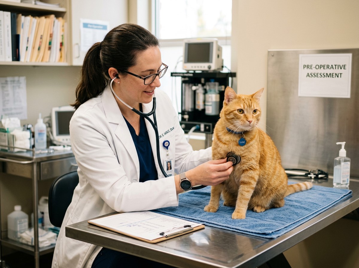 Veterinarian performing a pre-anesthetic physical examination on a cat before surgery
