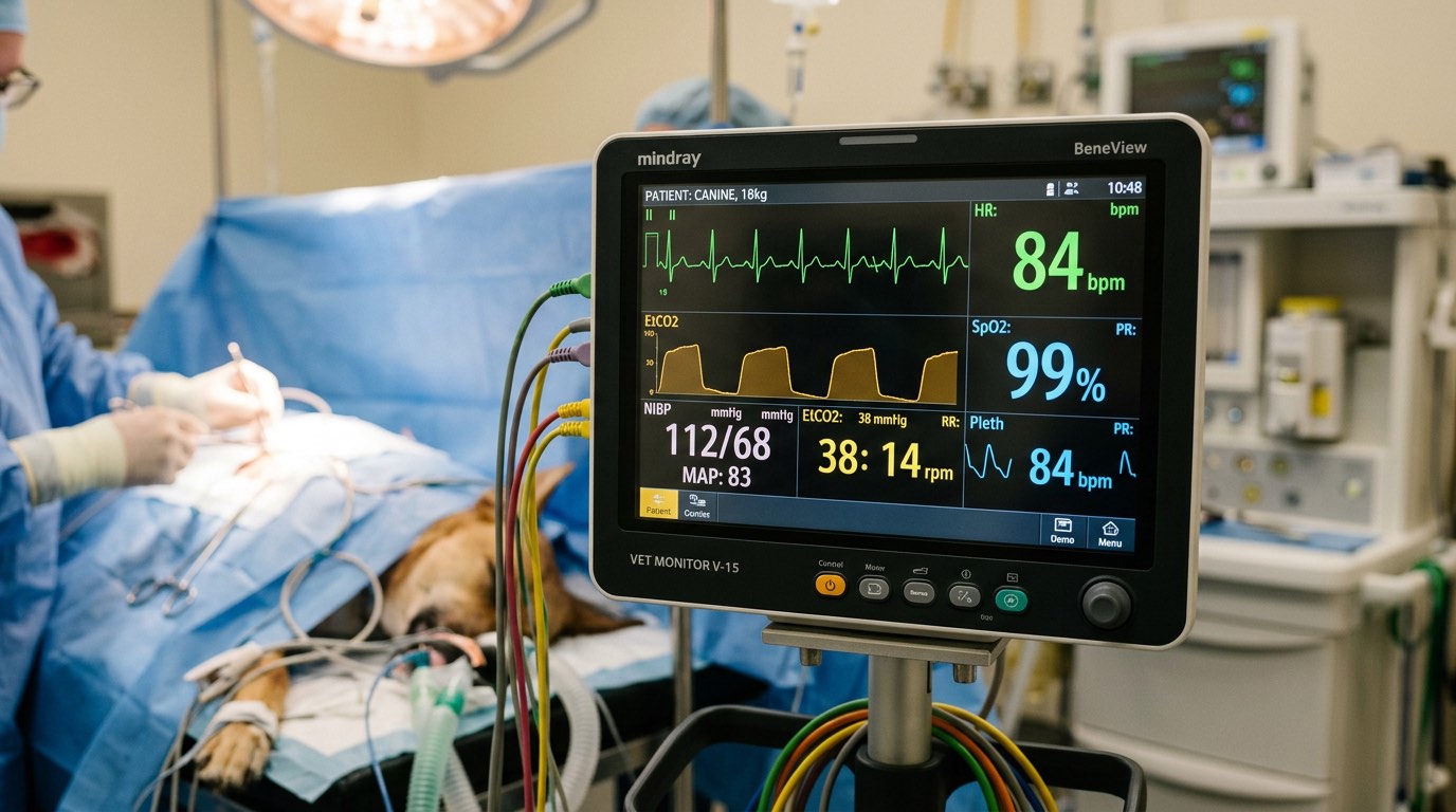Anesthesia monitoring equipment showing ECG, capnography, and pulse oximetry readings during veterinary surgery
