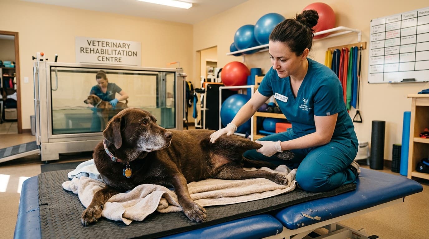 Senior dog receiving physical therapy from a veterinary rehabilitation specialist