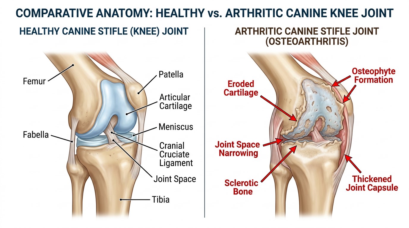 Anatomical diagram-style illustration of a healthy versus arthritic dog joint