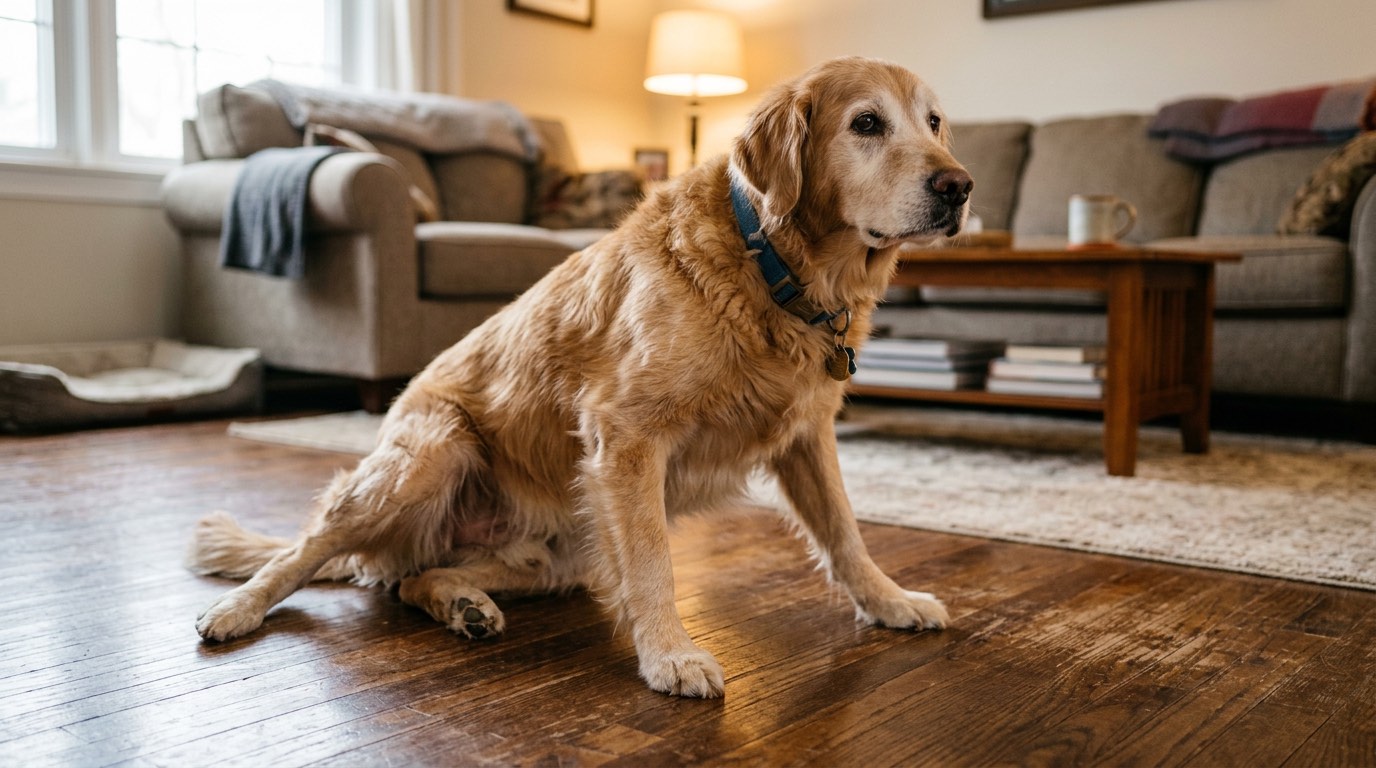 Old dog struggling to rise from a resting position on a floor