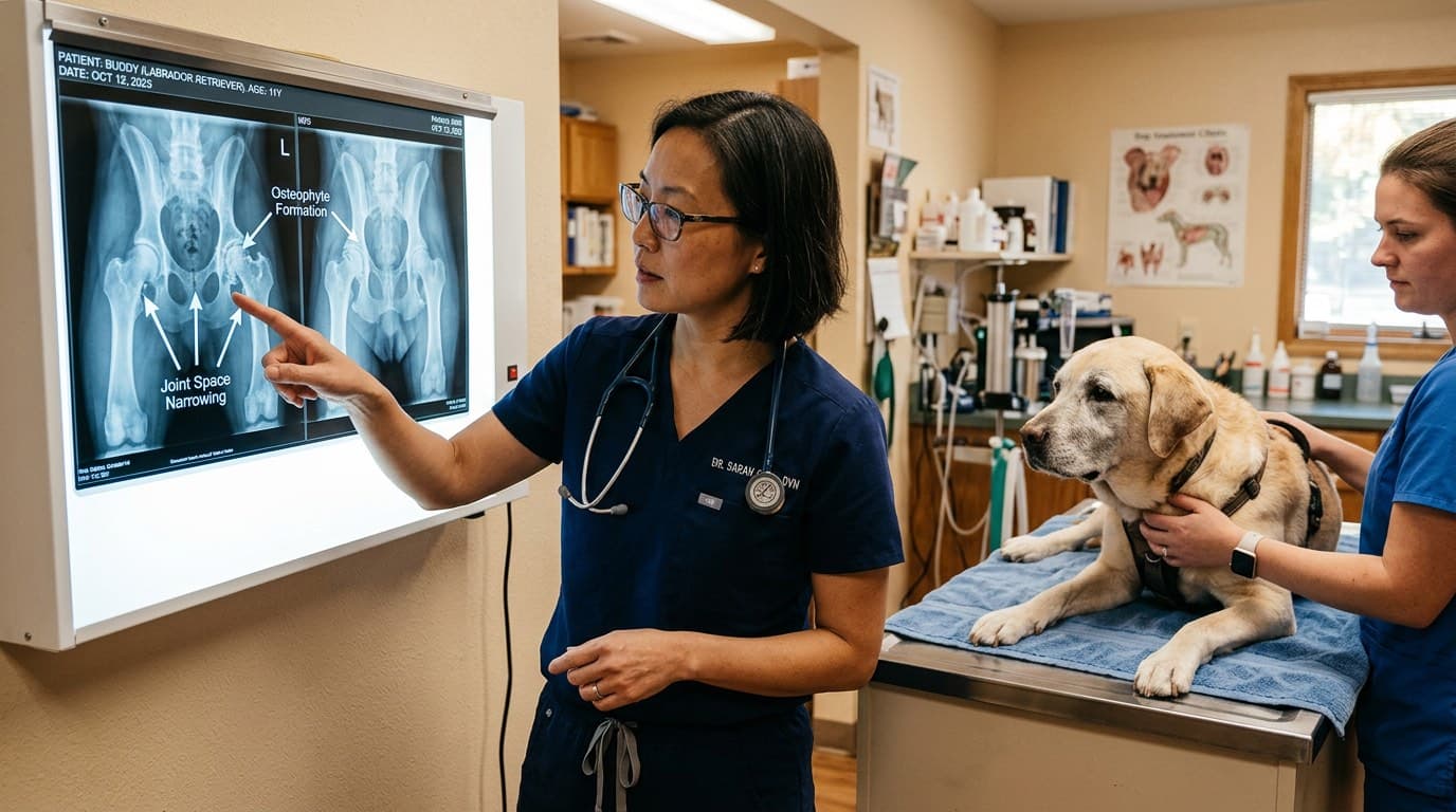 Veterinarian reviewing hip X-rays of a dog showing arthritic changes