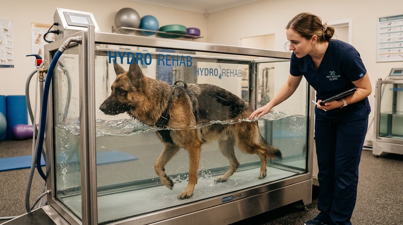 Dog walking on an underwater treadmill for hydrotherapy rehabilitation