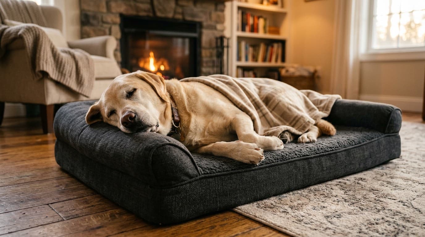 Arthritic senior dog resting on an orthopedic foam dog bed