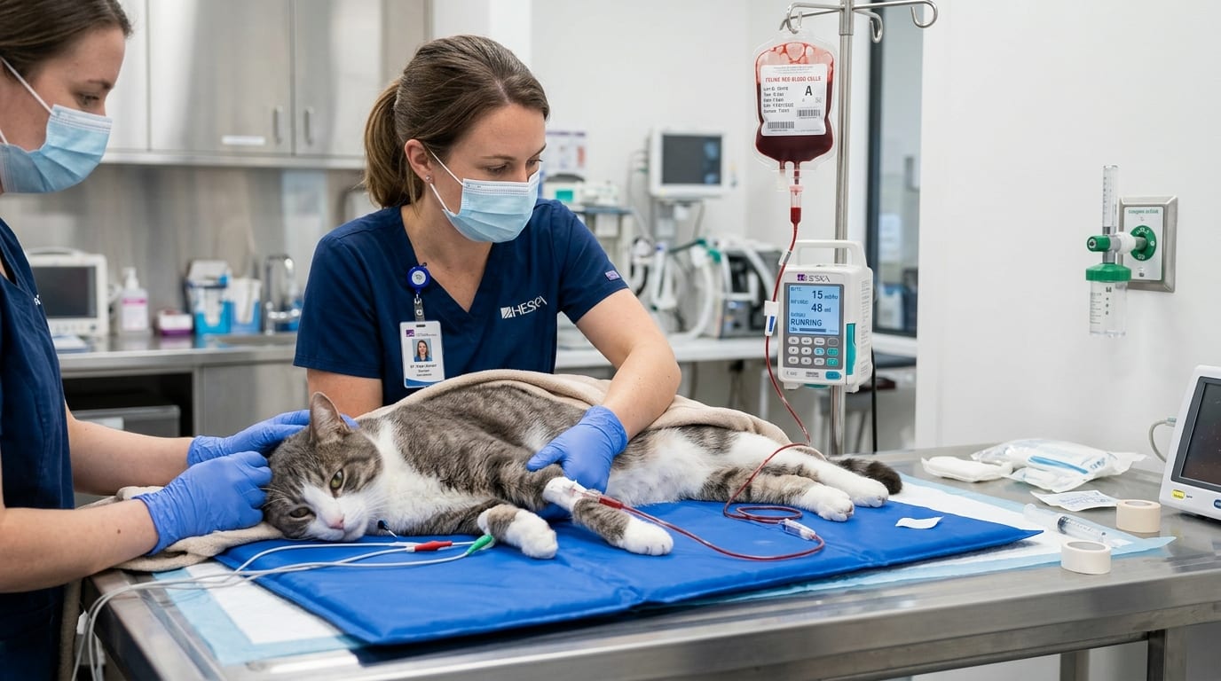 Veterinary nurse setting up packed red blood cell transfusion with blood typing cards and IV line