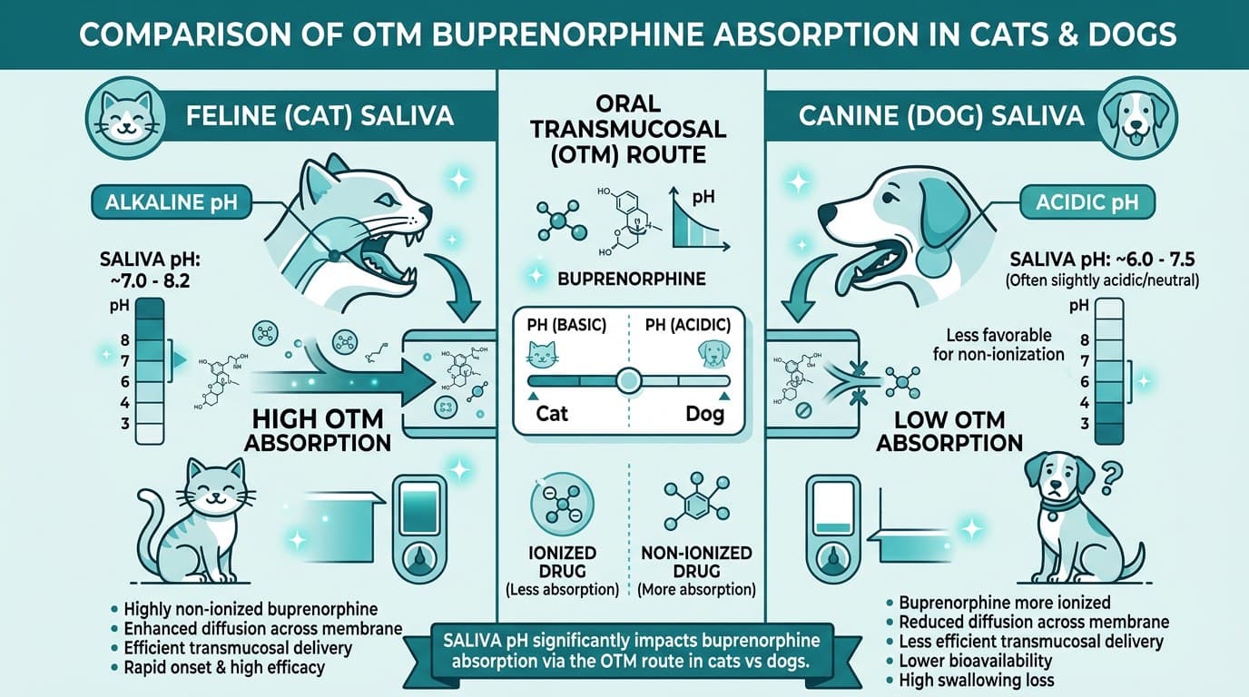 Diagram showing oral transmucosal buprenorphine absorption in cats vs dogs