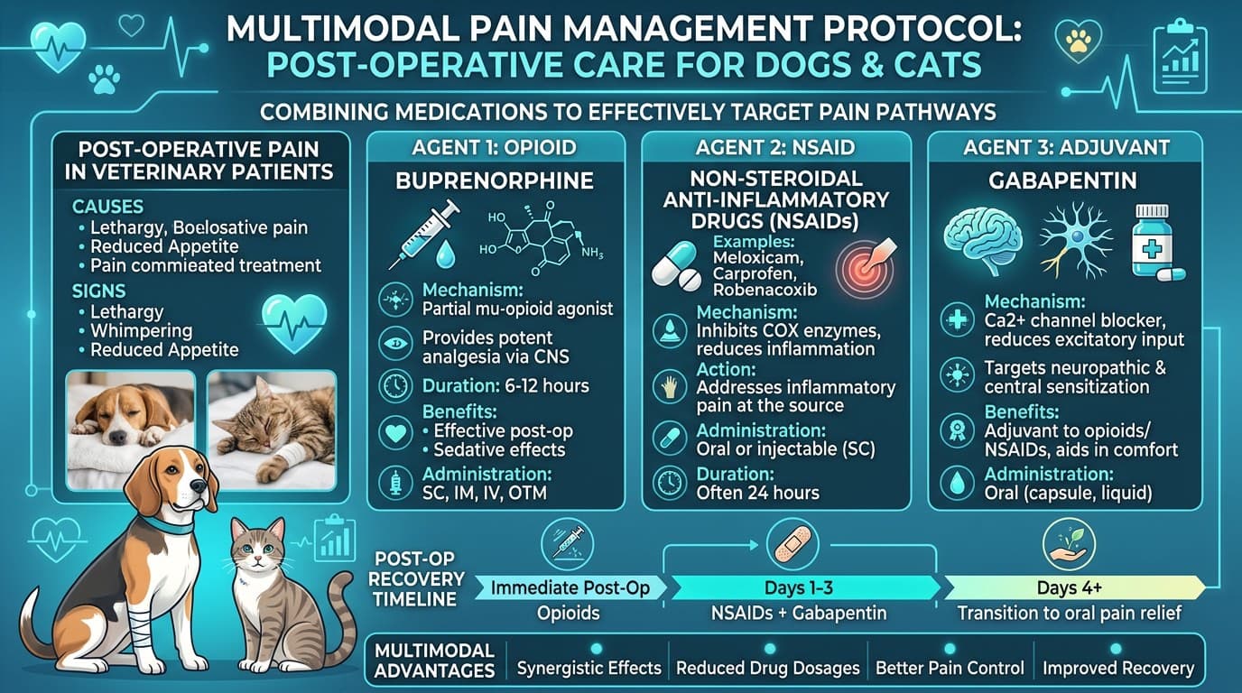 Multimodal pain management protocol chart showing buprenorphine with NSAID and gabapentin