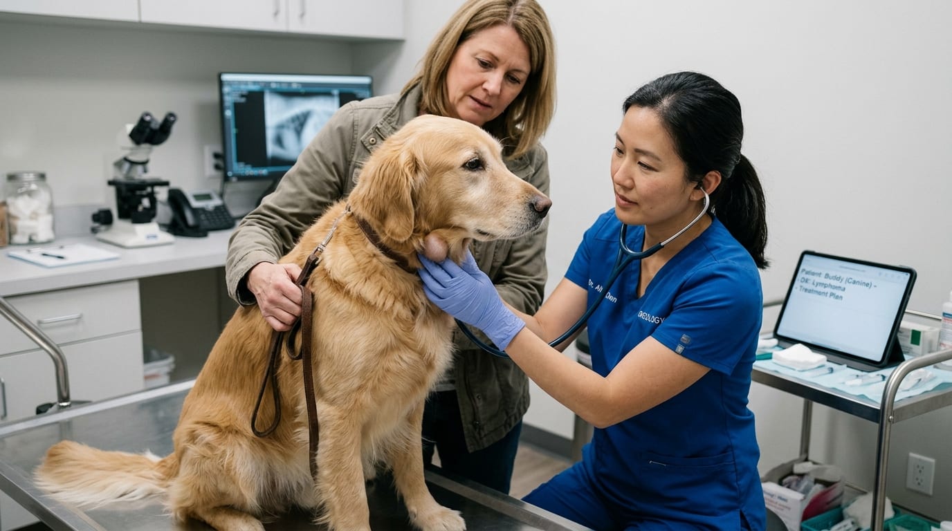 Infographic showing cancer statistics and breed risk in dogs