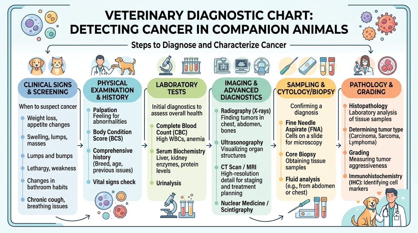Veterinarian examining a dog with lymph node swelling, a common sign of lymphoma