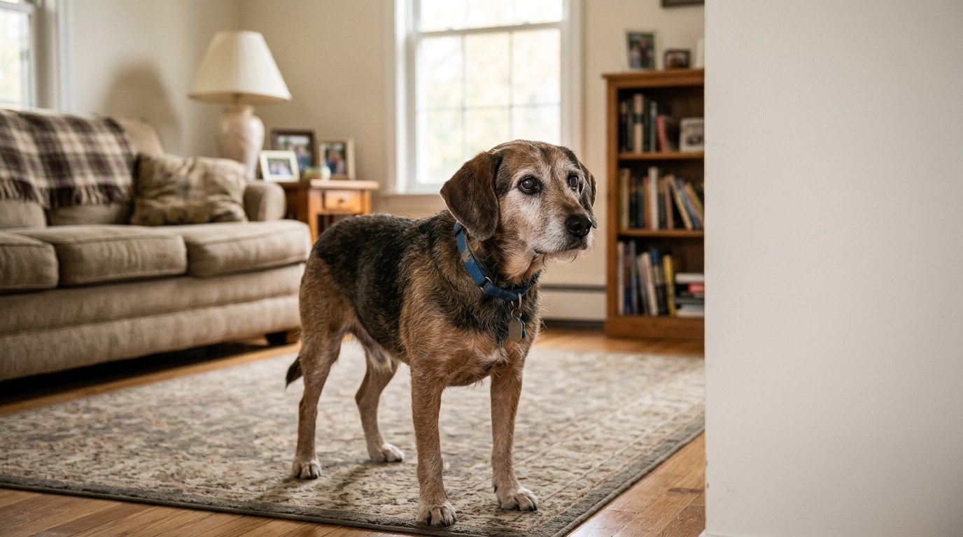 Senior dog staring blankly at a wall, showing disorientation typical of CDS