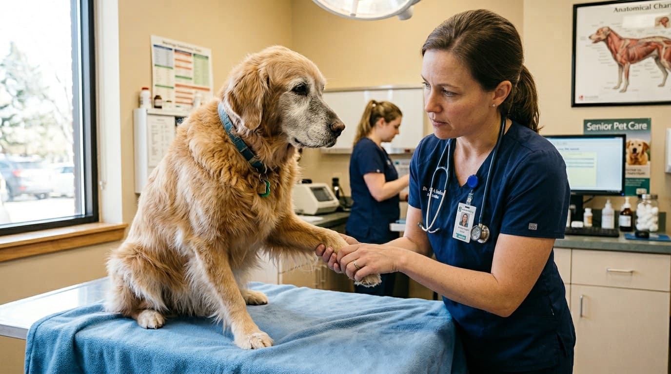 Veterinarian performing a neurological examination on a senior dog