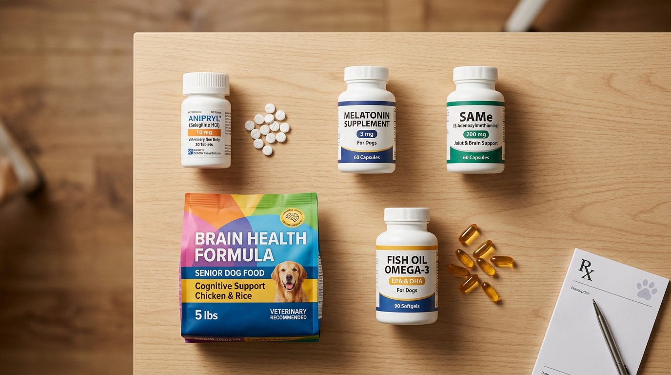 Various CDS treatment options including Anipryl, melatonin, and cognitive supplements