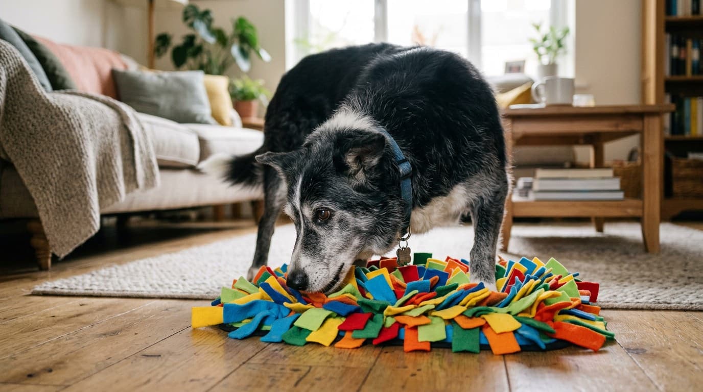 Senior dog engaging with a snuffle mat for mental stimulation