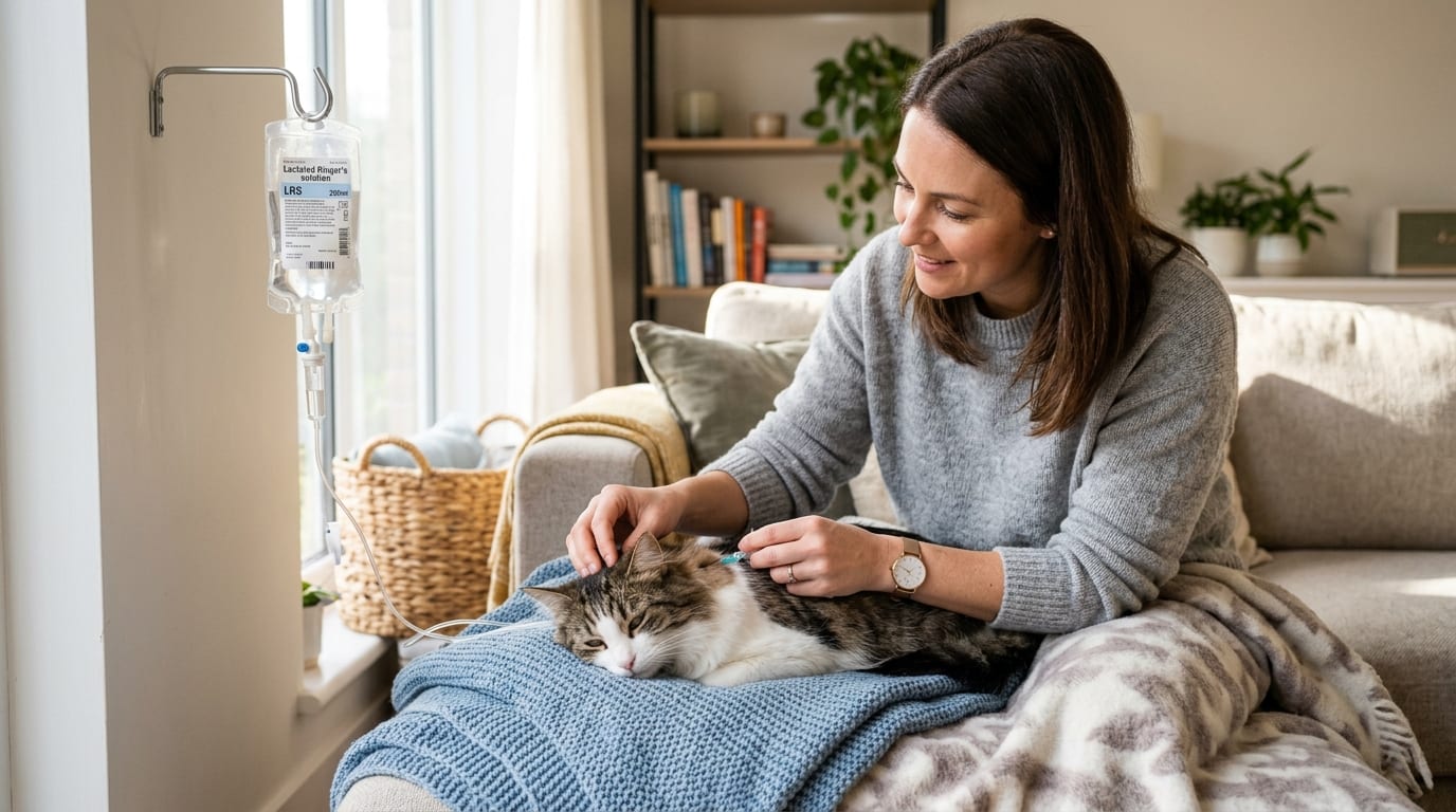 Owner administering subcutaneous fluids to a calm cat at home with veterinary guidance