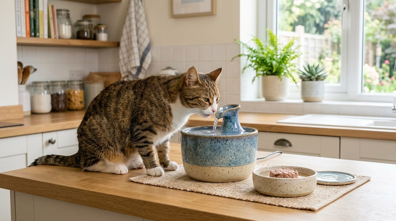 Cat drinking from a pet water fountain next to a bowl of wet renal diet food in a calm home setting