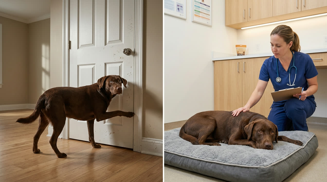 Dog with separation anxiety being assessed at veterinary behavioral consultation with Clomicalm tablets