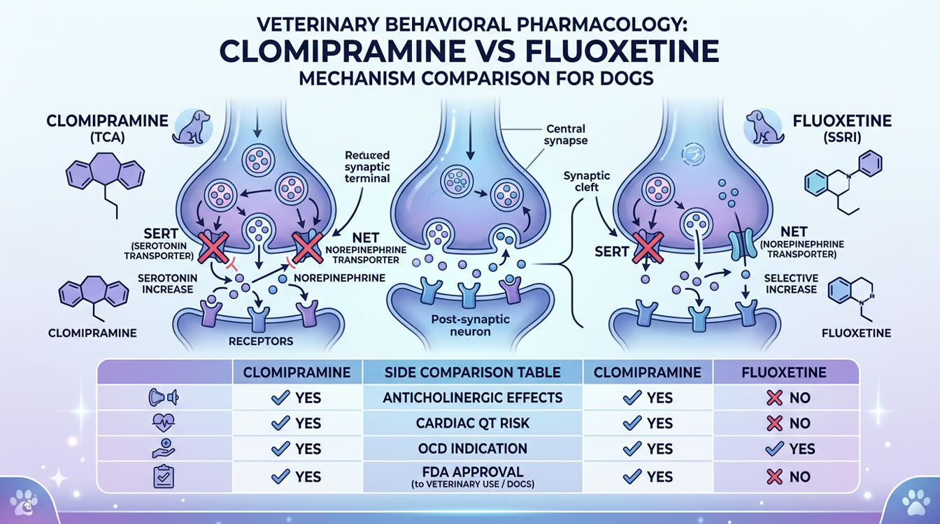 Clomipramine mechanism comparison with fluoxetine showing SERT and norepinephrine reuptake inhibition