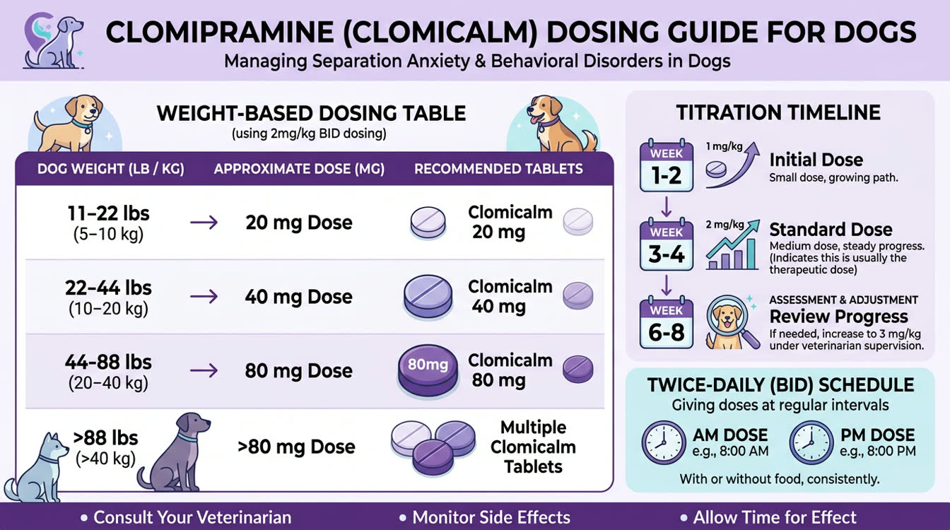 Clomipramine dosing table for dogs by body weight with Clomicalm tablet sizes and titration schedule
