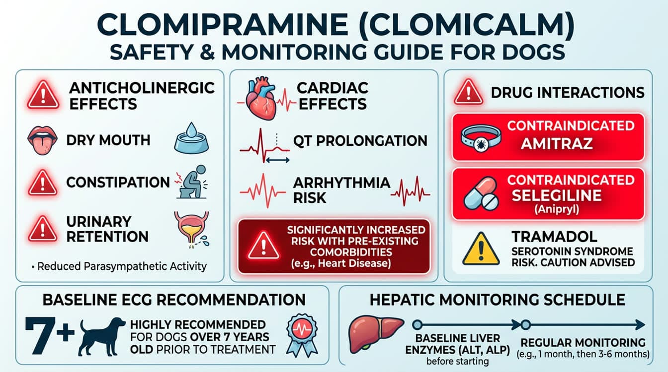 Clomipramine safety and monitoring checklist showing cardiac ECG indications, MAOI contraindications and anticholinergic effects