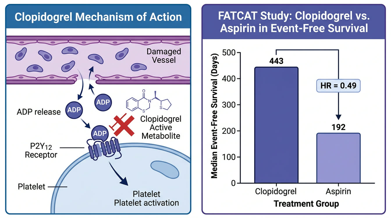 Clopidogrel mechanism diagram showing P2Y12 receptor inhibition and FATCAT trial results comparison chart