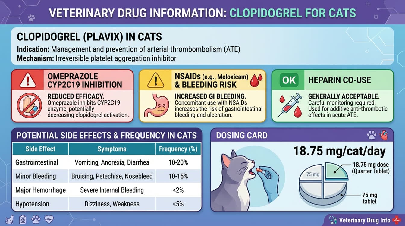 Clopidogrel drug interaction table and side effect monitoring guide for cats